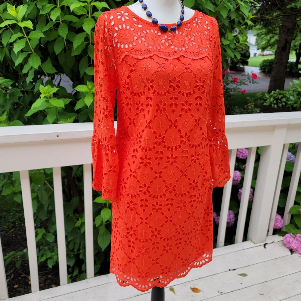 New! J. Crew sz 4 Eyelet Dress Bell-sleeves Orange-Red NWT